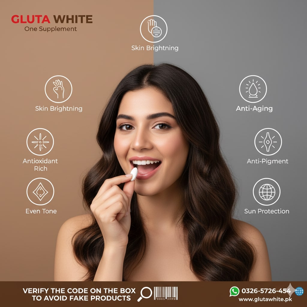 Woman using a supplement with Gluta White branding, highlighting skin benefits.