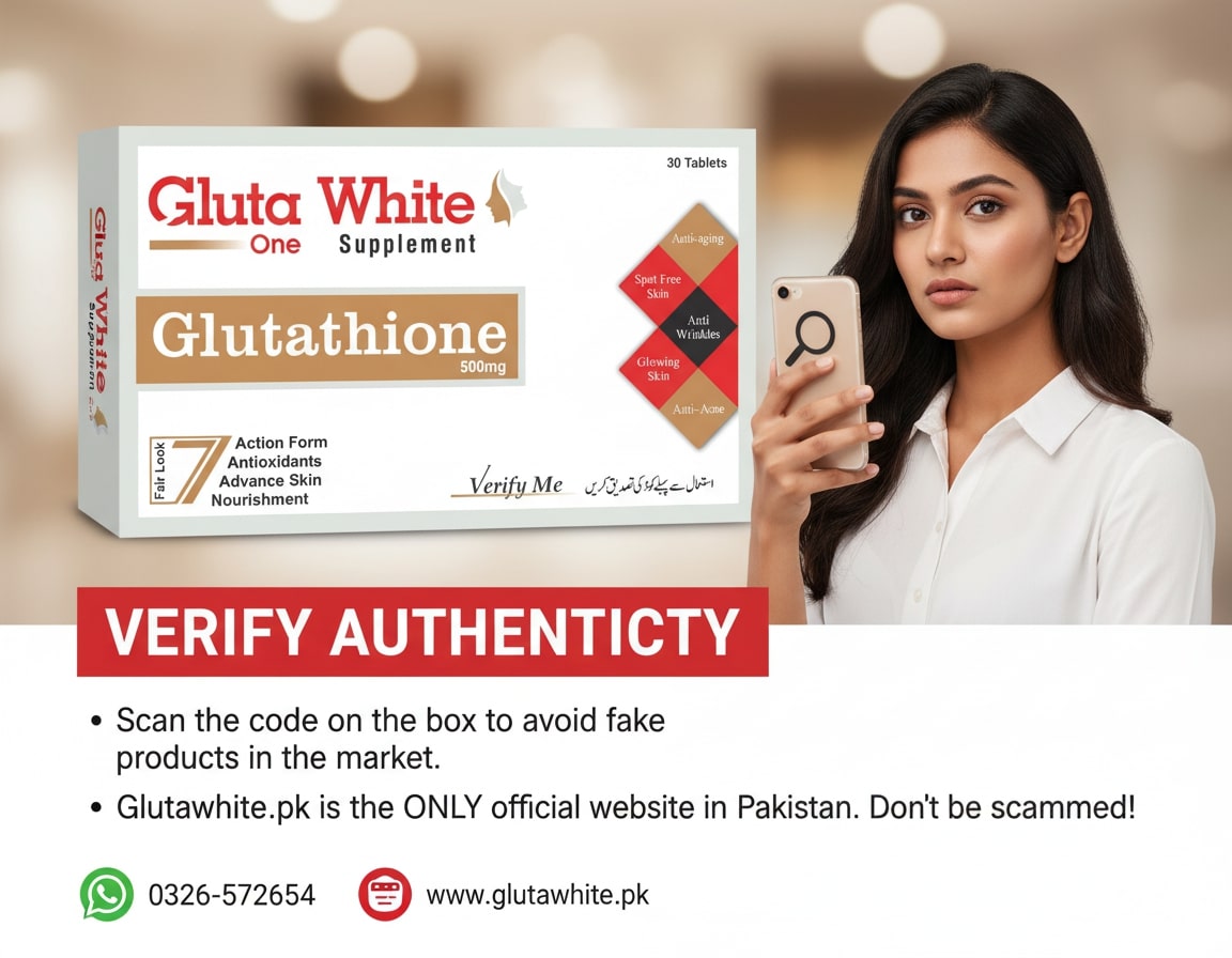 Gluta White supplement box with a woman holding a phone, promotional text for authenticity verification.