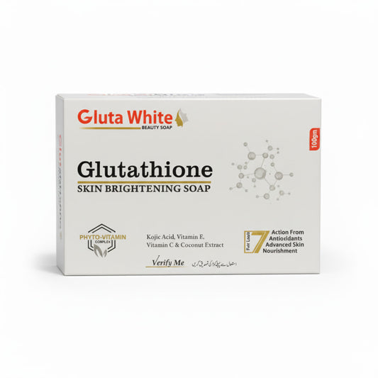 Gluta White Glutathione skin brightening soap packaging on a white background