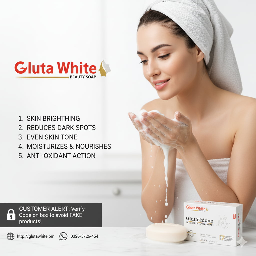 Woman applying Gluta White beauty soap with product packaging and benefits listed.
