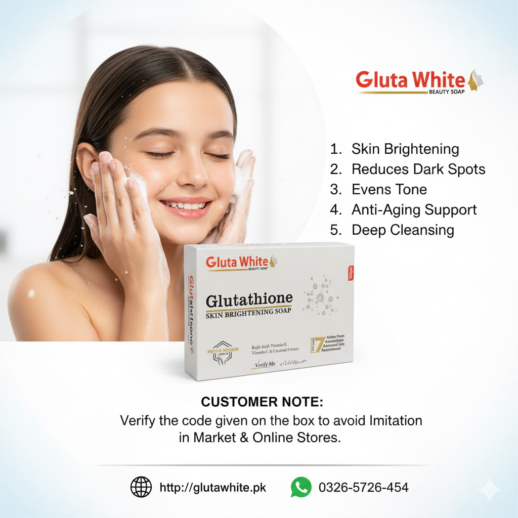 Gluta White Glutathione soap packaging with a woman applying soap to her face, and product features listed.