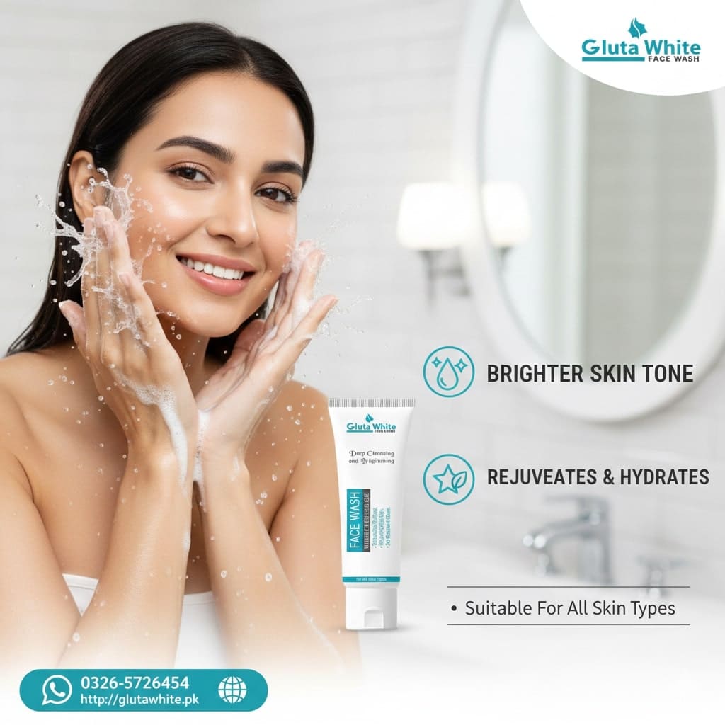 Woman washing her face with Gluta White Face Wash in a bathroom setting