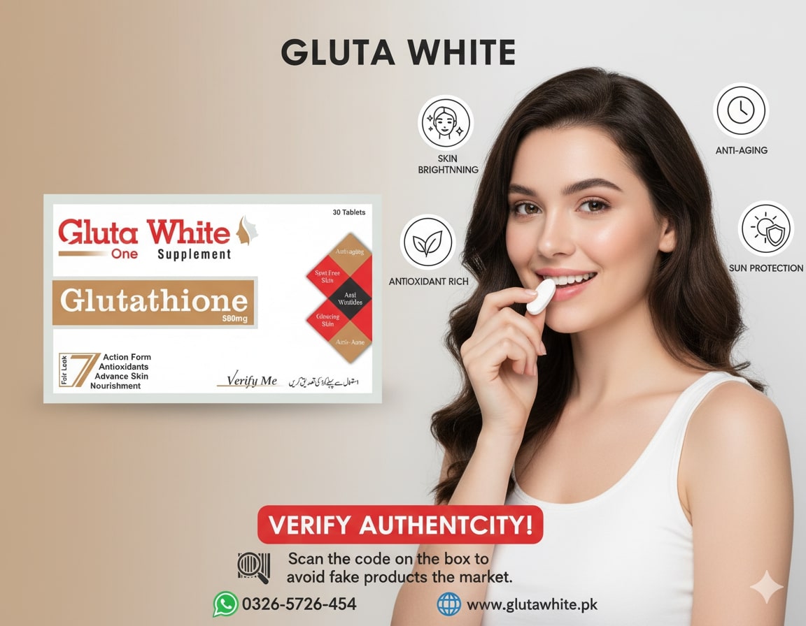 Advertisement for Gluta White supplement with a woman holding a white pill, on a beige background. 