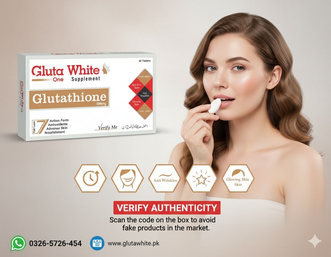 Woman holding a supplement with Gluta White branding on a beige background