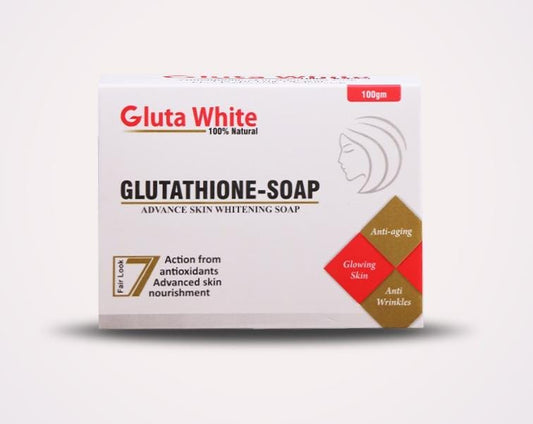 Packaging of Gluta White Whitening Soap with product details and branding.